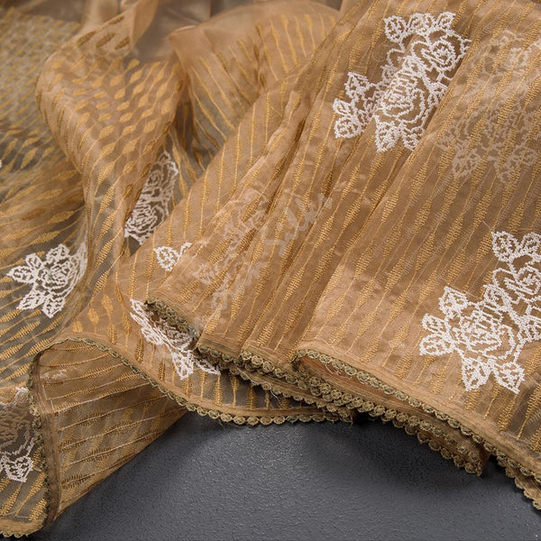 Organza Coffee Brown Thread Embroidered Saree