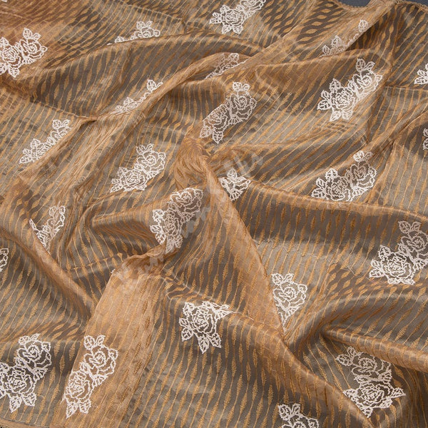 Organza Coffee Brown Thread Embroidered Saree