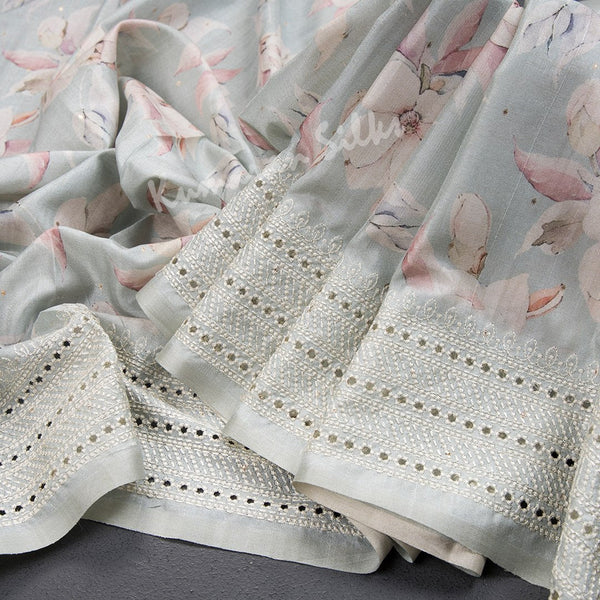 Semi Raw Silk Light Pista Green Printed Saree With Thread Border