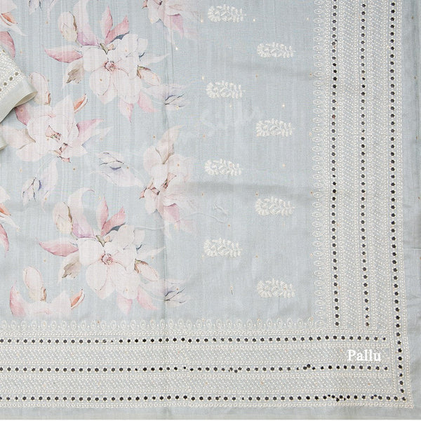 Semi Raw Silk Light Pista Green Printed Saree With Thread Border