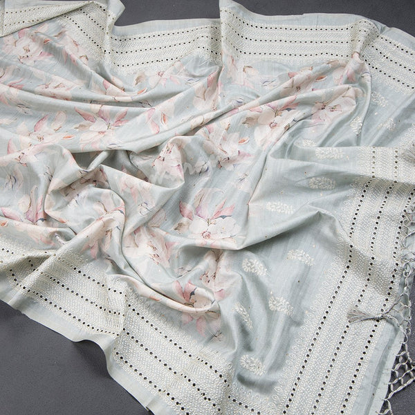 Semi Raw Silk Light Pista Green Printed Saree With Thread Border