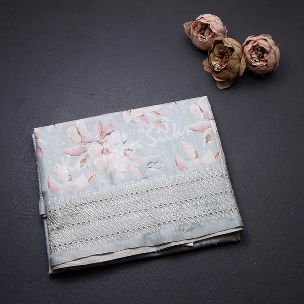 Semi Raw Silk Light Pista Green Printed Saree With Thread Border