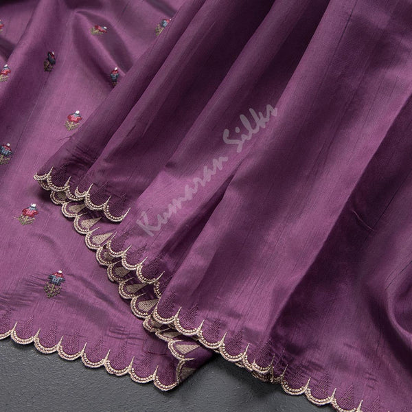 Semi Raw Silk Dark Purple Thread Embroidered Saree