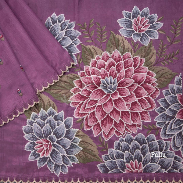 Semi Raw Silk Dark Purple Thread Embroidered Saree