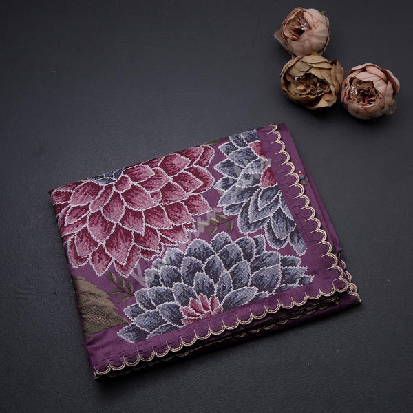 Semi Raw Silk Dark Purple Thread Embroidered Saree