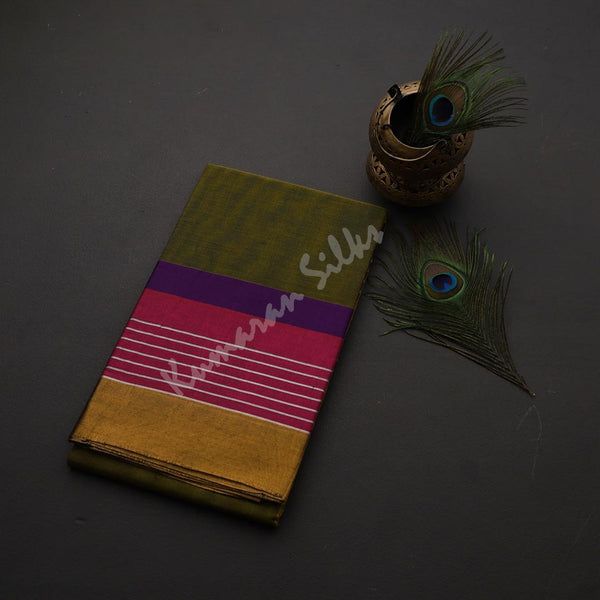 Gadwal Cotton Olive Green Plain Saree