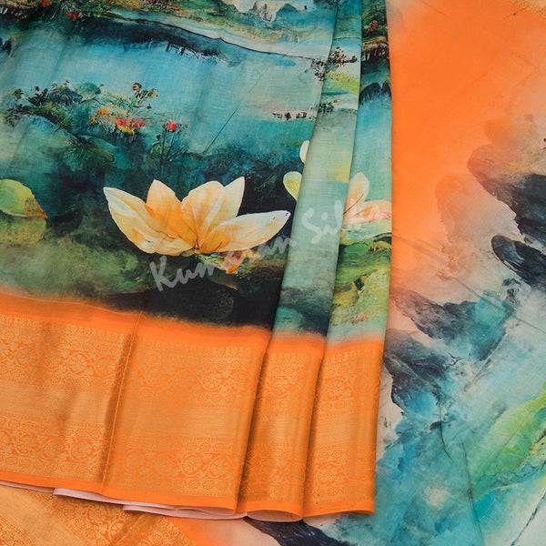 Semi Raw Silk Peacock Green Printed Saree 02