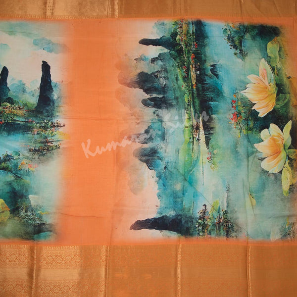 Semi Raw Silk Peacock Green Printed Saree 02