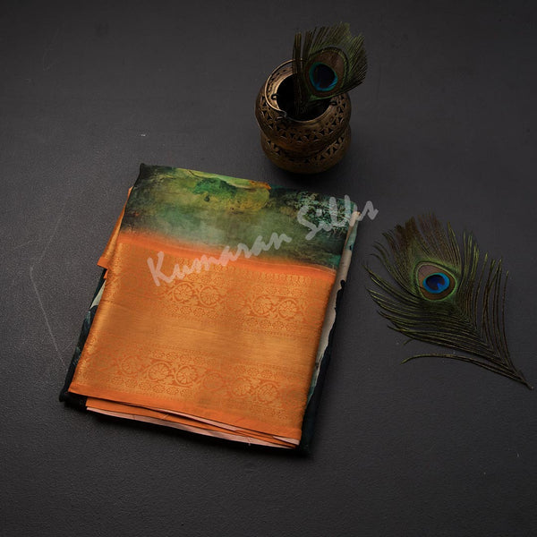 Semi Raw Silk Peacock Green Printed Saree 02