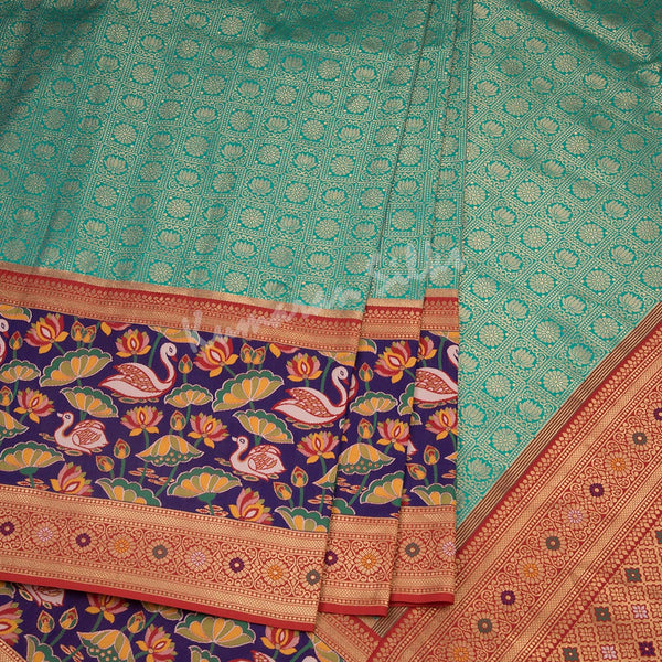 Semi Banaras Peacock Green Zari Worked Saree 02