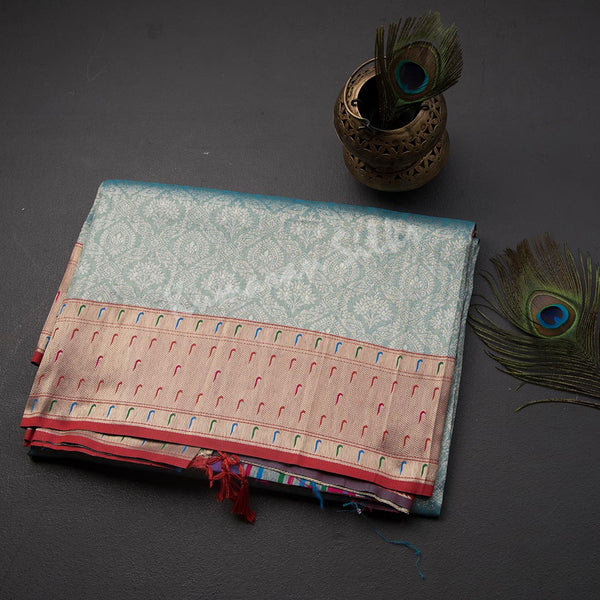 Semi Banaras Light Blue Zari Worked Saree
