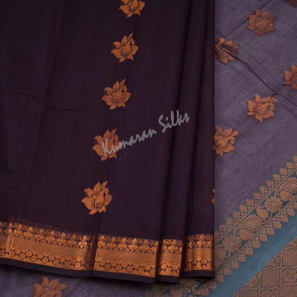Silk Cotton Dark Brown Zari Worked Saree 02