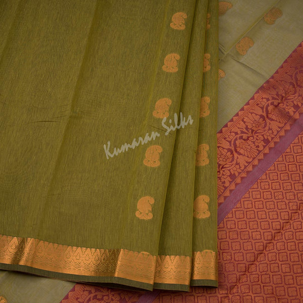 Silk Cotton Mehandi Green Zari Worked Saree