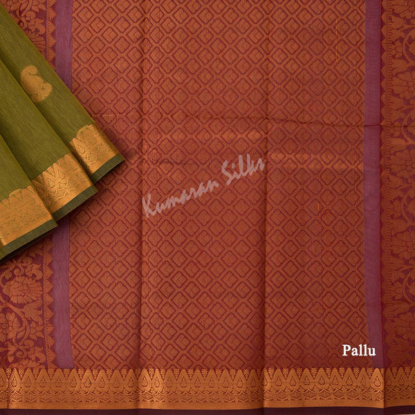 Silk Cotton Mehandi Green Zari Worked Saree