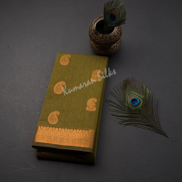 Silk Cotton Mehandi Green Zari Worked Saree