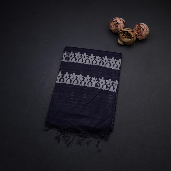 Semi Linen Navy Blue Printed Saree 04