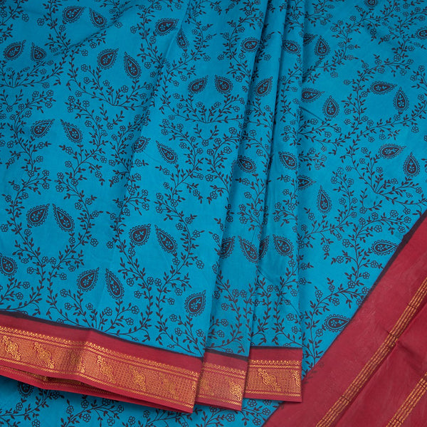Sungudi Cotton Blue Printed Saree Without Blouse 04