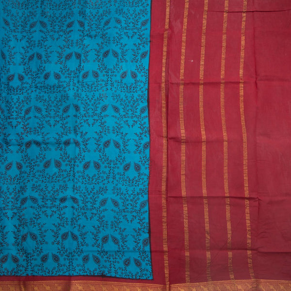 Sungudi Cotton Blue Printed Saree Without Blouse 04