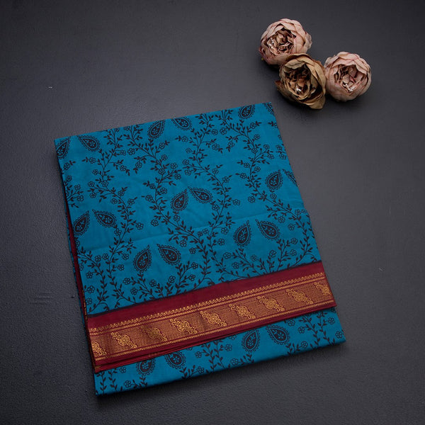 Sungudi Cotton Blue Printed Saree Without Blouse 04