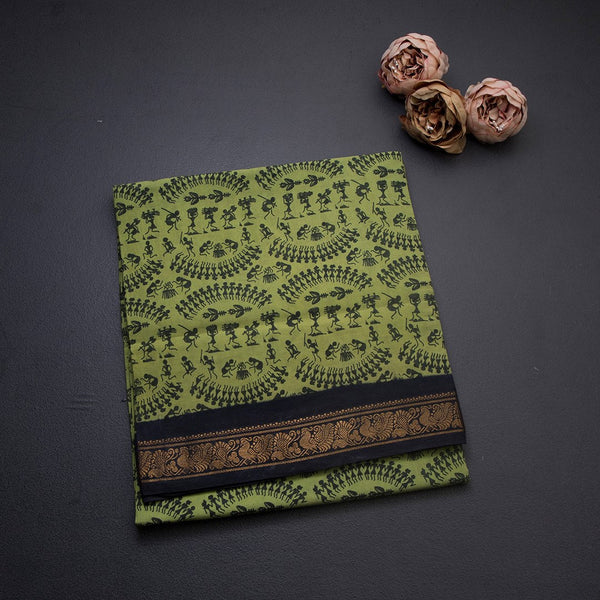 Sungudi Cotton Light Green Printed Saree Without Blouse 02