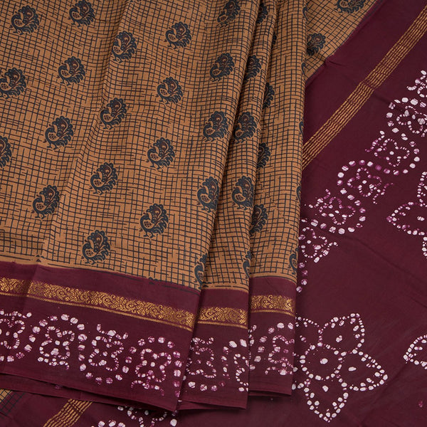 Sungudi Cotton Brown Printed Saree Without Blouse 03