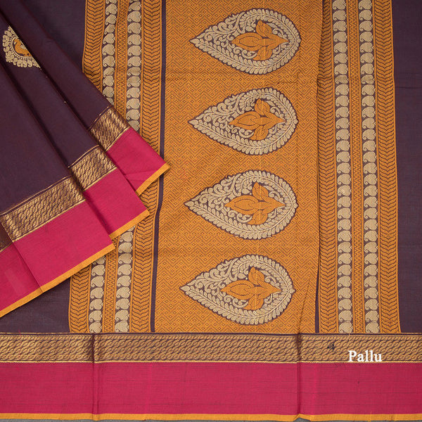 Negamam Cotton Dark Brown Thread Embossed Saree