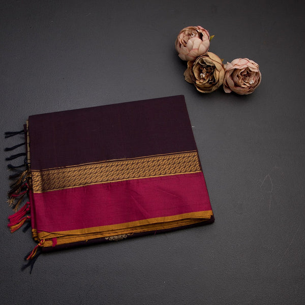 Negamam Cotton Dark Brown Thread Embossed Saree