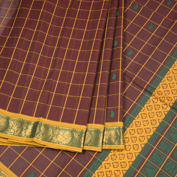 Negamam Cotton Dark Brown Checked Thread Embossed Saree
