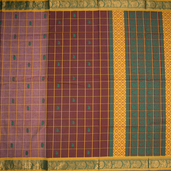 Negamam Cotton Dark Brown Checked Thread Embossed Saree