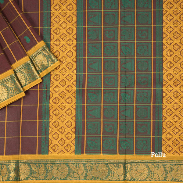 Negamam Cotton Dark Brown Checked Thread Embossed Saree