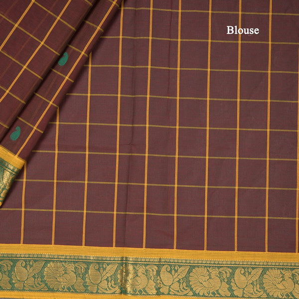 Negamam Cotton Dark Brown Checked Thread Embossed Saree