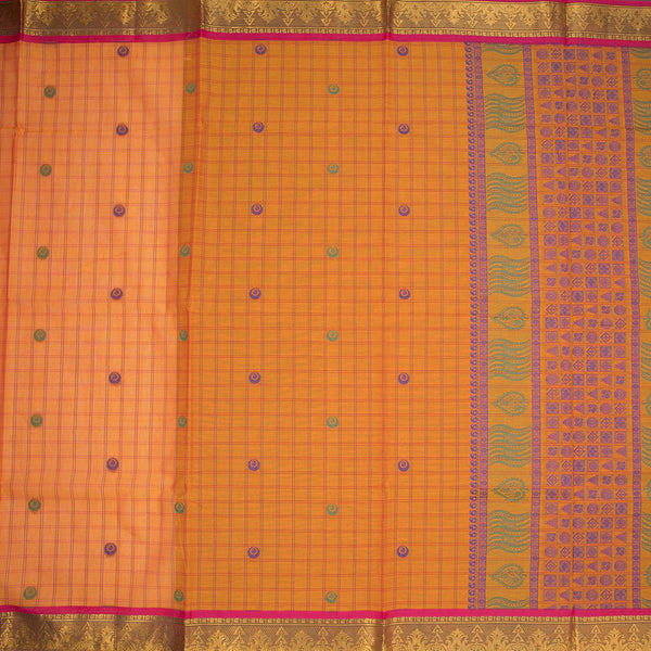 Negamam Cotton Orange Checked Thread Embossed Saree