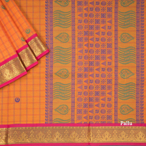 Negamam Cotton Orange Checked Thread Embossed Saree