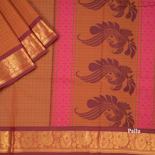 Negamam Cotton Rust Brown Checked Saree