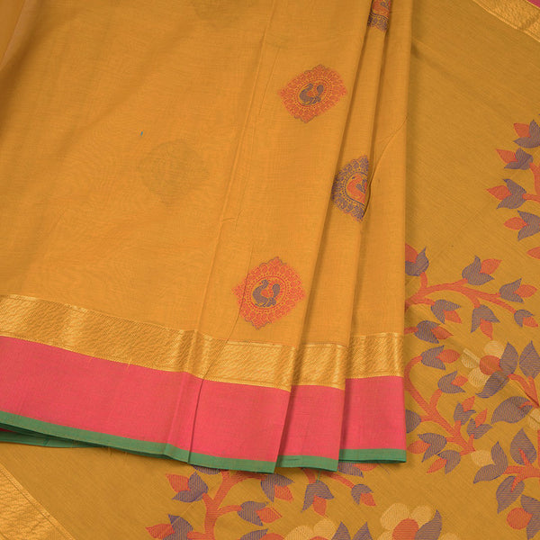 Negamam Cotton Mustard Checked Thread Embossed Saree