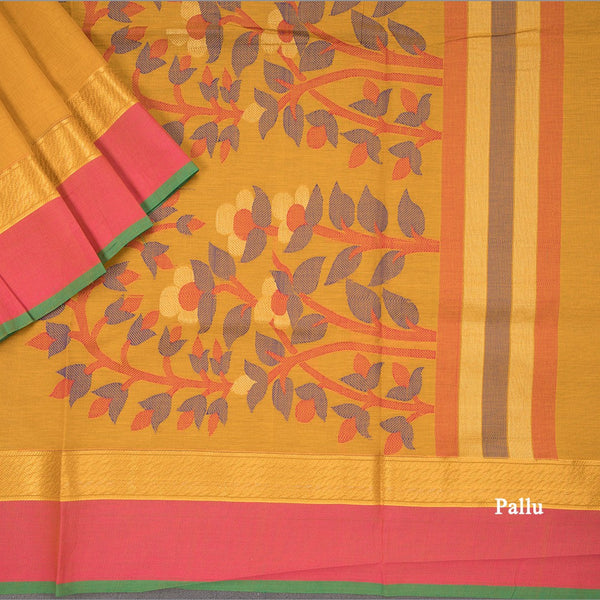 Negamam Cotton Mustard Checked Thread Embossed Saree
