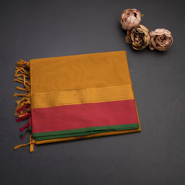 Negamam Cotton Mustard Checked Thread Embossed Saree