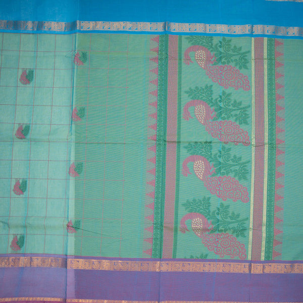 Negamam Cotton Peacock Green Checked Thread Embossed Saree