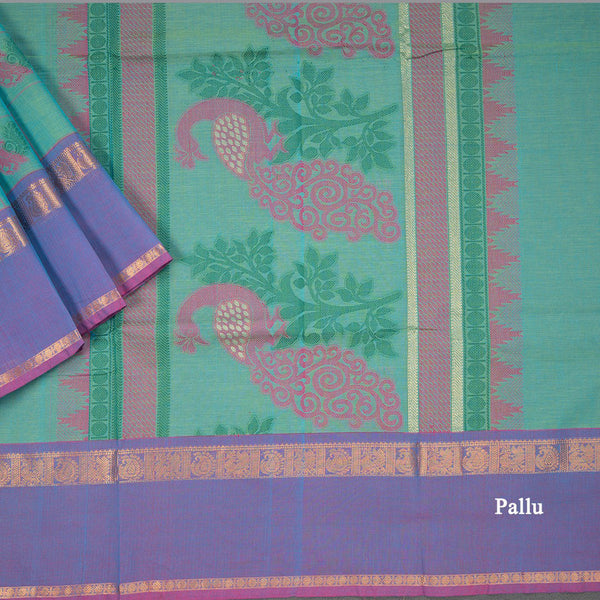 Negamam Cotton Peacock Green Checked Thread Embossed Saree