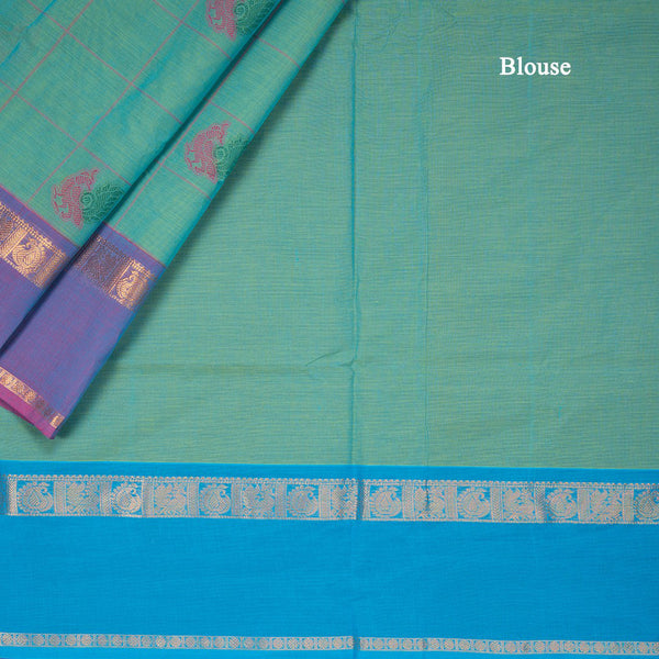 Negamam Cotton Peacock Green Checked Thread Embossed Saree