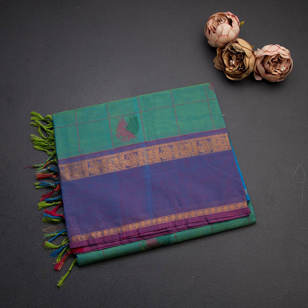 Negamam Cotton Peacock Green Checked Thread Embossed Saree
