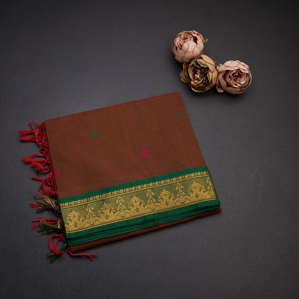 Negamam Cotton Cinnamon Brown Thread Embossed Saree
