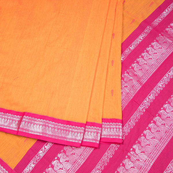 Kalyani Cotton Orange Saree With Thread Embossed Buttas And Zari Border
