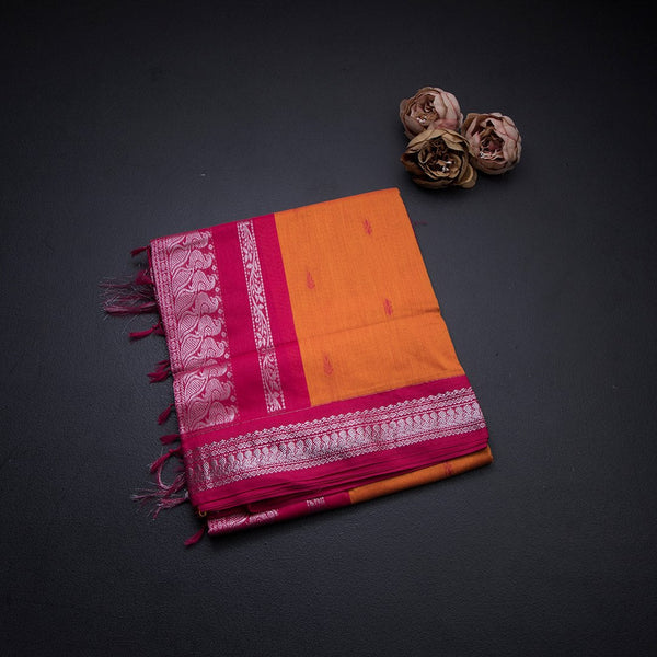 Kalyani Cotton Orange Saree With Thread Embossed Buttas And Zari Border