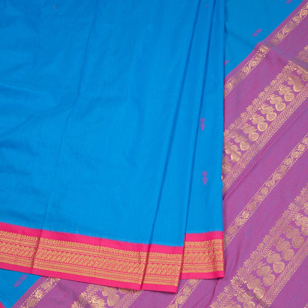 Kalyani Cotton Blue Saree With Thread Embossed Buttas And Zari Border