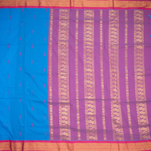 Kalyani Cotton Blue Saree With Thread Embossed Buttas And Zari Border