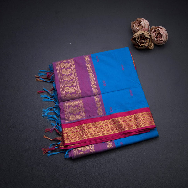 Kalyani Cotton Blue Saree With Thread Embossed Buttas And Zari Border