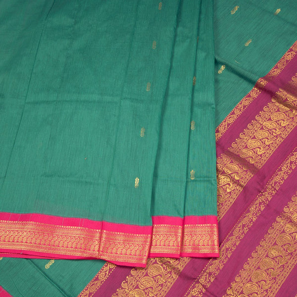 Kalyani Cotton Peacock Green Saree With Zari Buttas And The Border