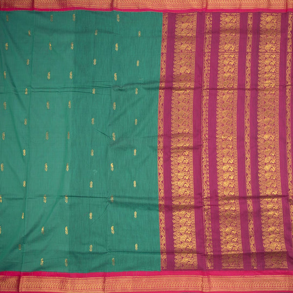 Kalyani Cotton Peacock Green Saree With Zari Buttas And The Border
