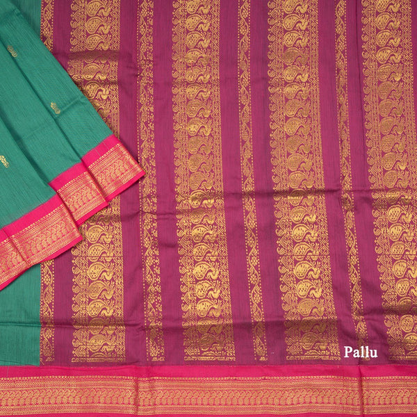 Kalyani Cotton Peacock Green Saree With Zari Buttas And The Border